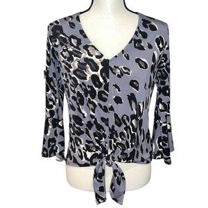 Veronica M Grey Leopard Tie Front Blouse